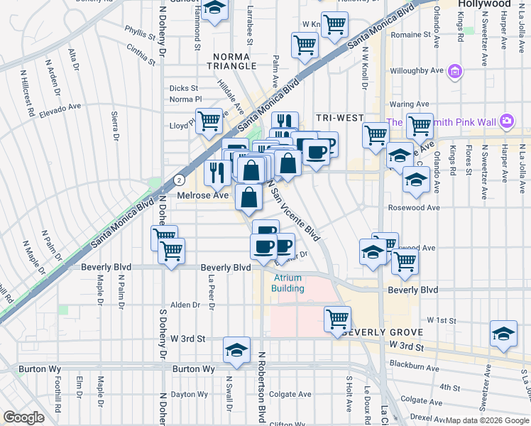 map of restaurants, bars, coffee shops, grocery stores, and more near 8717 Dorrington Avenue in West Hollywood