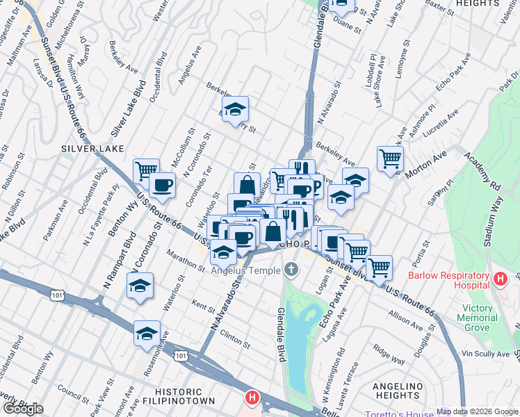 map of restaurants, bars, coffee shops, grocery stores, and more near 1322 Allesandro Street in Los Angeles
