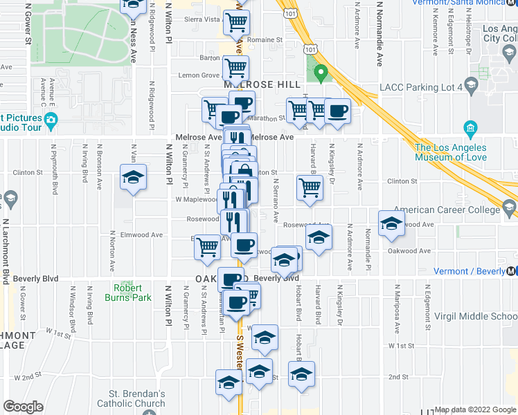 map of restaurants, bars, coffee shops, grocery stores, and more near Maplewood Avenue in Los Angeles