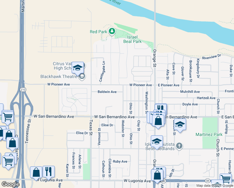 map of restaurants, bars, coffee shops, grocery stores, and more near 415 Baldwin Avenue in Redlands