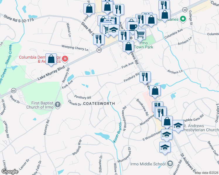 map of restaurants, bars, coffee shops, grocery stores, and more near 107 Finsbury Court in Columbia
