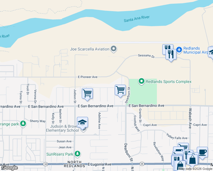 map of restaurants, bars, coffee shops, grocery stores, and more near 1703 Penny Lane in Redlands