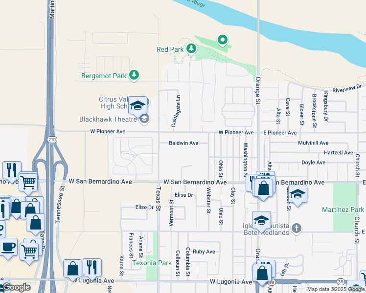 map of restaurants, bars, coffee shops, grocery stores, and more near 603 Baldwin Avenue in Redlands
