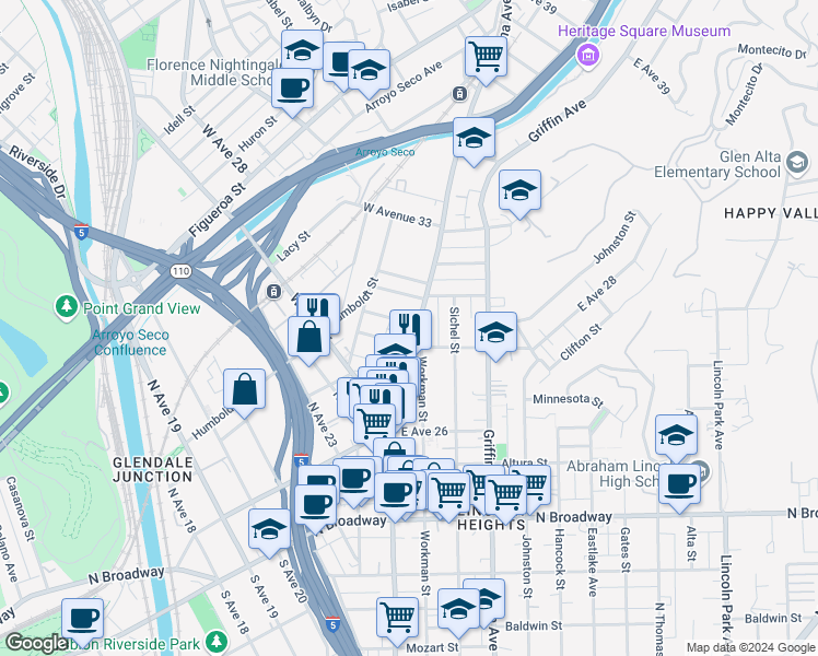 map of restaurants, bars, coffee shops, grocery stores, and more near 2821 Pasadena Avenue in Los Angeles
