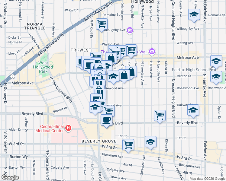 map of restaurants, bars, coffee shops, grocery stores, and more near 465 Croft Avenue in Los Angeles
