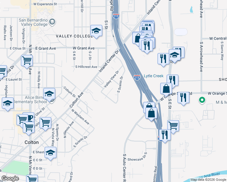 map of restaurants, bars, coffee shops, grocery stores, and more near 1124 Scenic Drive in San Bernardino