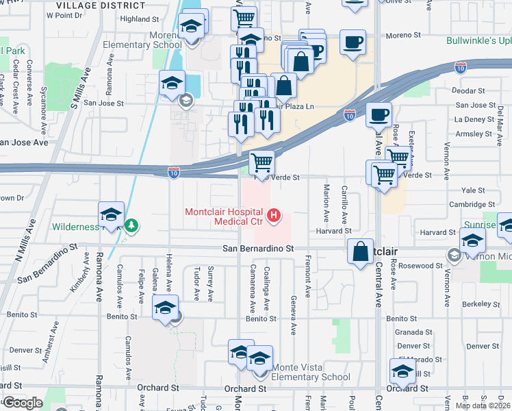 map of restaurants, bars, coffee shops, grocery stores, and more near 9645 Monte Vista Avenue in Montclair