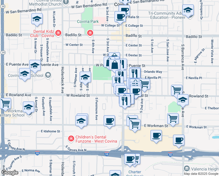 map of restaurants, bars, coffee shops, grocery stores, and more near 538 South Calvados Avenue in Covina