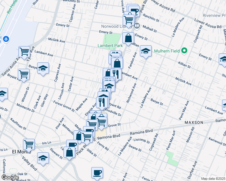 map of restaurants, bars, coffee shops, grocery stores, and more near 4145 Peck Road in El Monte