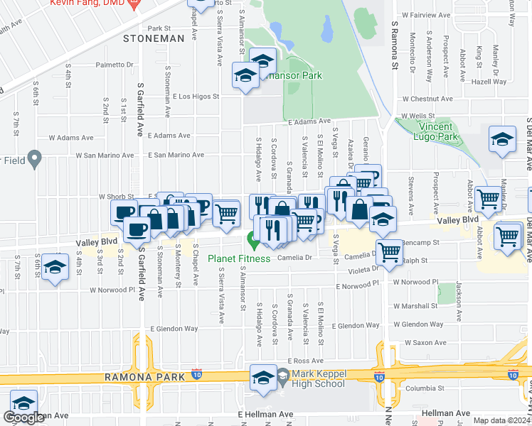 map of restaurants, bars, coffee shops, grocery stores, and more near 777 East Valley Boulevard in Alhambra
