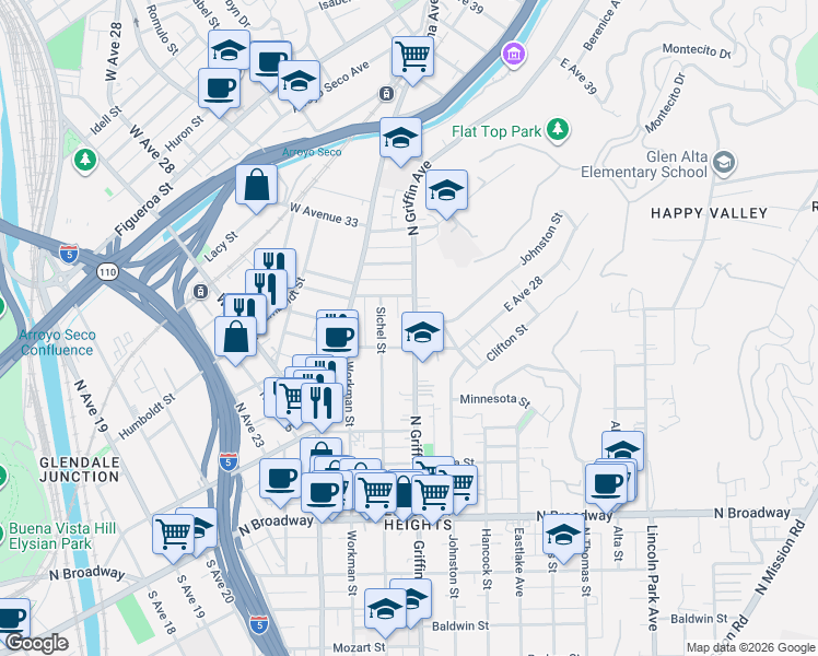 map of restaurants, bars, coffee shops, grocery stores, and more near 2821 Griffin Avenue in Los Angeles