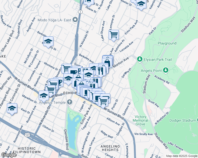 map of restaurants, bars, coffee shops, grocery stores, and more near 1435 Logan Street in Los Angeles