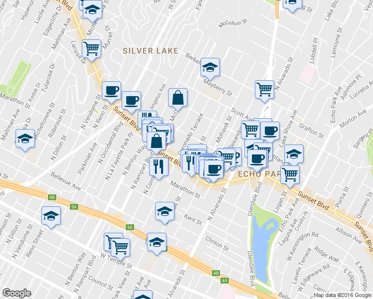 map of restaurants, bars, coffee shops, grocery stores, and more near 1133 Coronado Terrace in Los Angeles