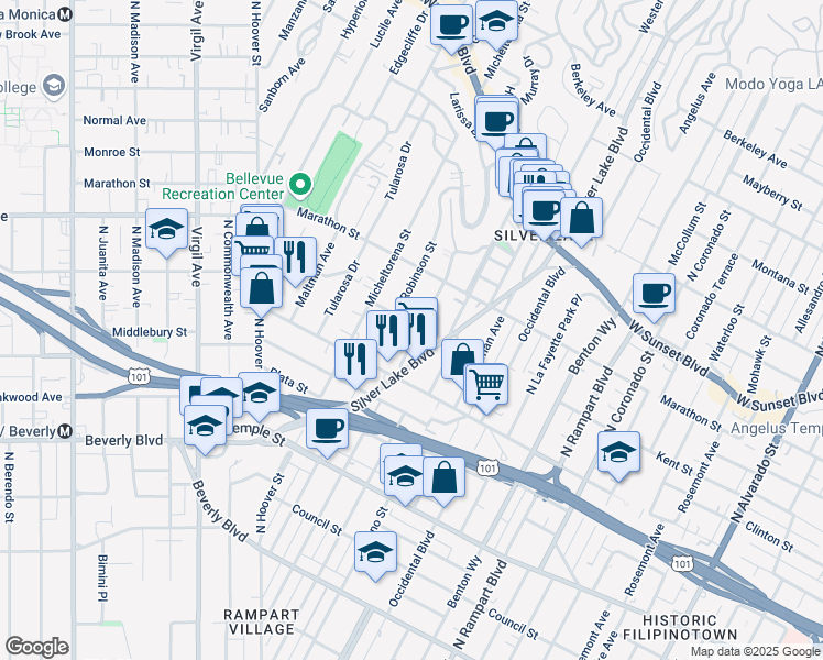 map of restaurants, bars, coffee shops, grocery stores, and more near 702 North Dillon Street in Los Angeles
