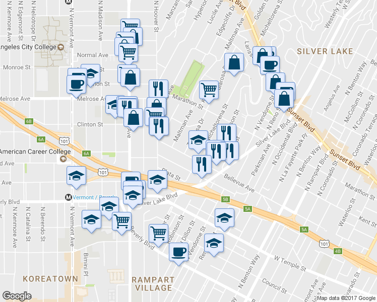 map of restaurants, bars, coffee shops, grocery stores, and more near 3513 Bellevue Avenue in Los Angeles