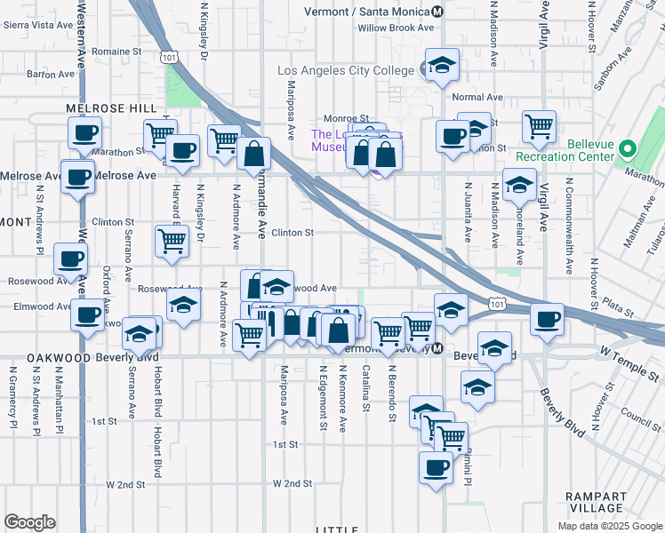 map of restaurants, bars, coffee shops, grocery stores, and more near 528 North Alexandria Avenue in Los Angeles