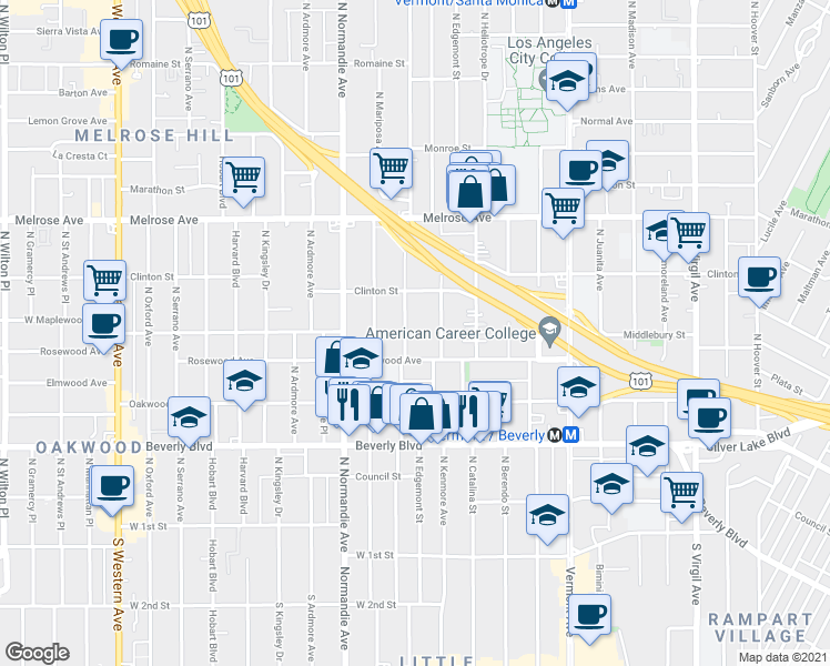 map of restaurants, bars, coffee shops, grocery stores, and more near 528 North Alexandria Avenue in Los Angeles