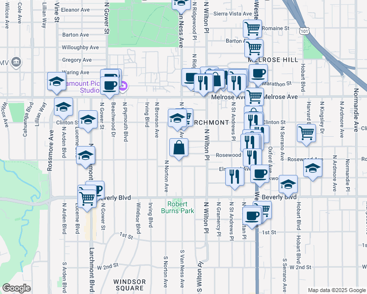 map of restaurants, bars, coffee shops, grocery stores, and more near in Los Angeles