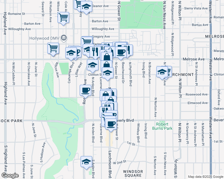 map of restaurants, bars, coffee shops, grocery stores, and more near 531 North Gower Street in Los Angeles