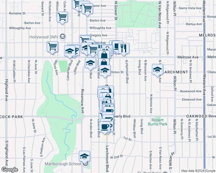 map of restaurants, bars, coffee shops, grocery stores, and more near 531 North Gower Street in Los Angeles