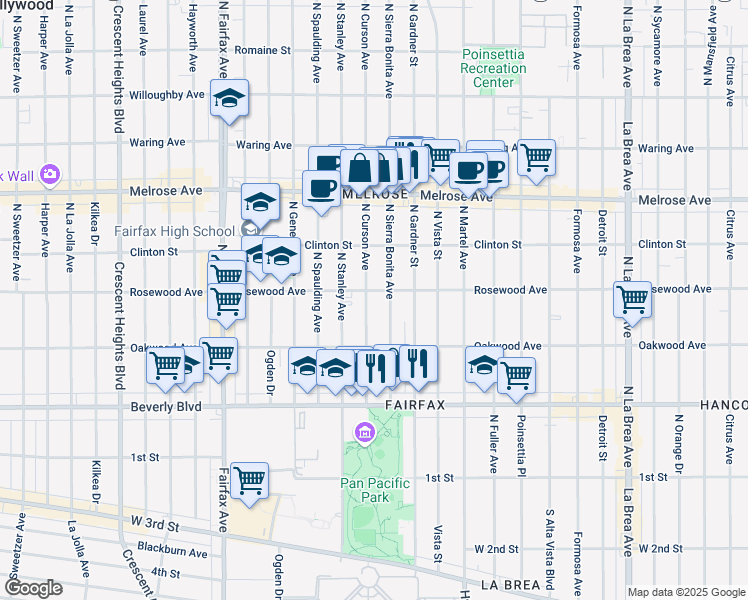 map of restaurants, bars, coffee shops, grocery stores, and more near 465 North Sierra Bonita Avenue in Los Angeles