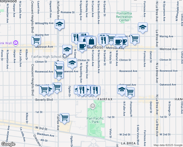 map of restaurants, bars, coffee shops, grocery stores, and more near 458 North Stanley Avenue in Los Angeles