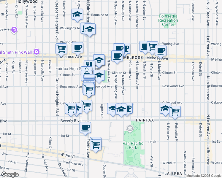 map of restaurants, bars, coffee shops, grocery stores, and more near 461 North Spaulding Avenue in Los Angeles