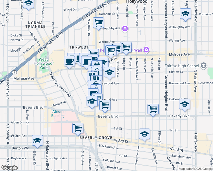 map of restaurants, bars, coffee shops, grocery stores, and more near 469 North Alfred Street in Los Angeles