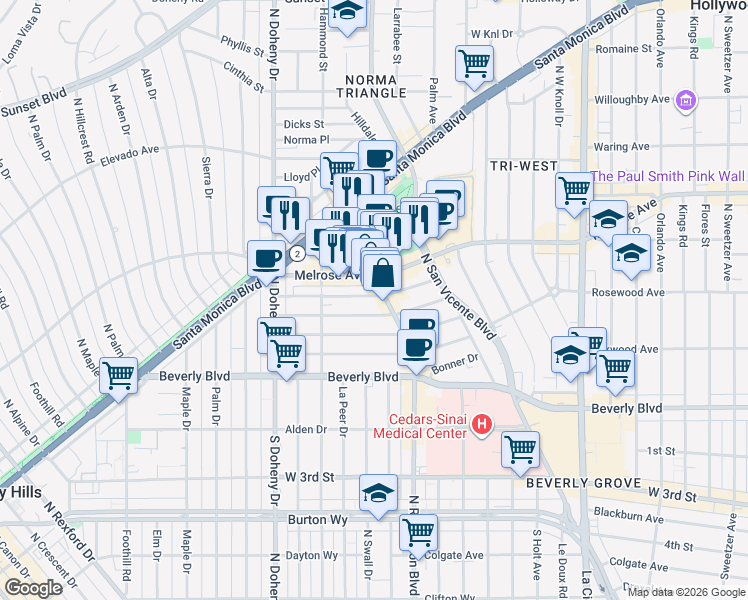 map of restaurants, bars, coffee shops, grocery stores, and more near 8824 Rangely Avenue in Los Angeles