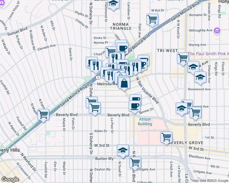 map of restaurants, bars, coffee shops, grocery stores, and more near 8824 Rangely Avenue in Los Angeles