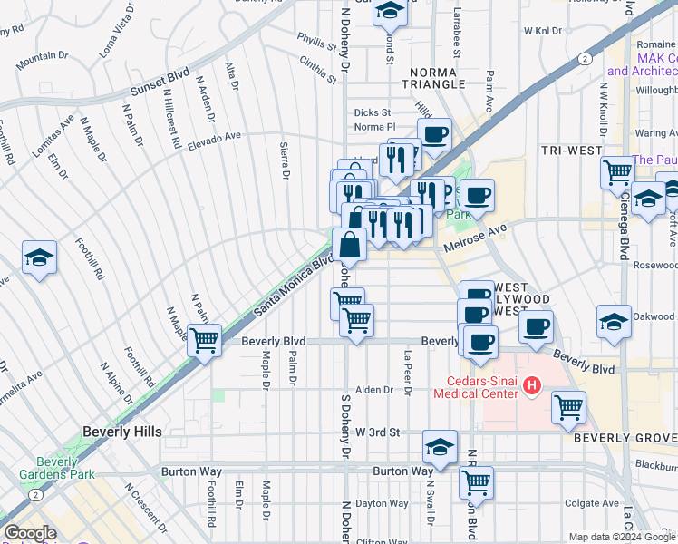 map of restaurants, bars, coffee shops, grocery stores, and more near 458 North Oakhurst Drive in Beverly Hills