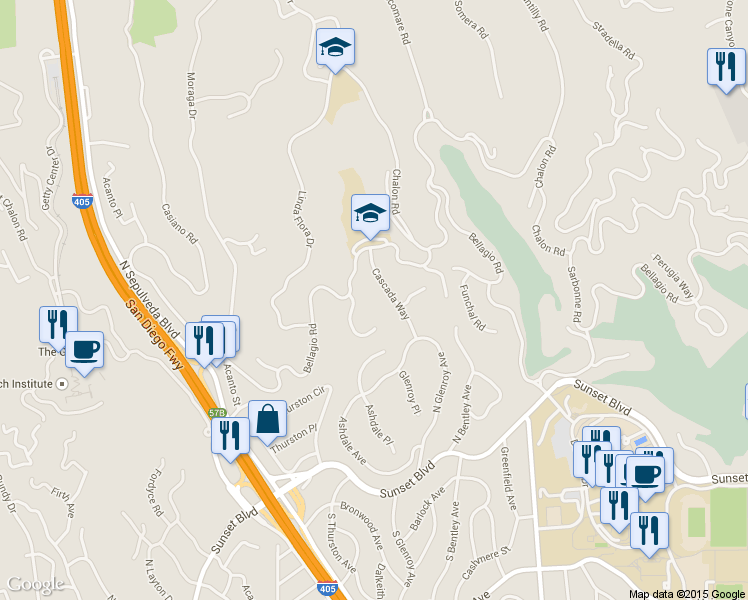 map of restaurants, bars, coffee shops, grocery stores, and more near 542 Bellagio Terrace in Los Angeles
