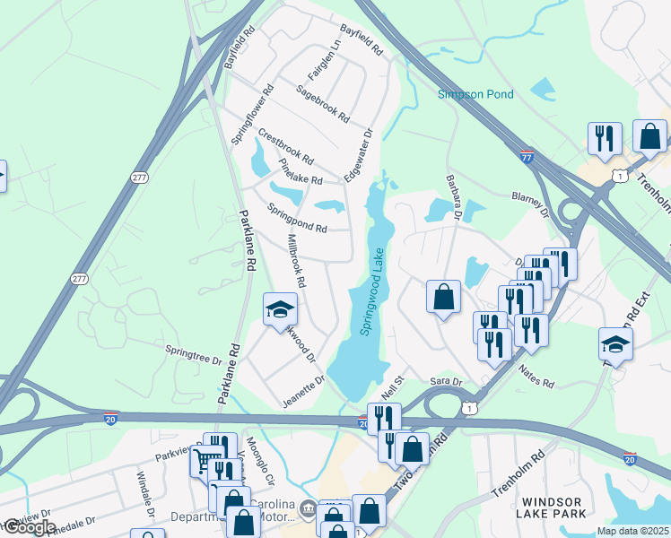 map of restaurants, bars, coffee shops, grocery stores, and more near 7530 Edgewater Drive in Columbia