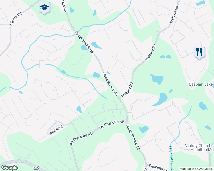 map of restaurants, bars, coffee shops, grocery stores, and more near 2788 Bridle Ridge Way Northeast in Buford