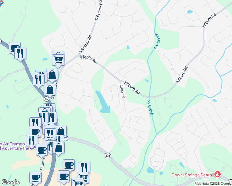 map of restaurants, bars, coffee shops, grocery stores, and more near 3552 Fallen Oak Drive in Buford