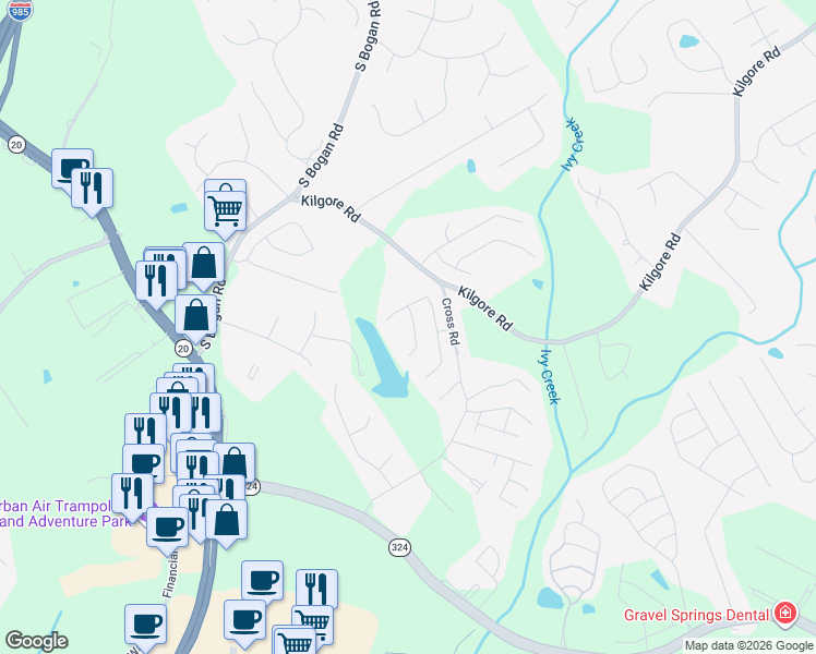 map of restaurants, bars, coffee shops, grocery stores, and more near 3614 Fallen Oak Lane in Buford