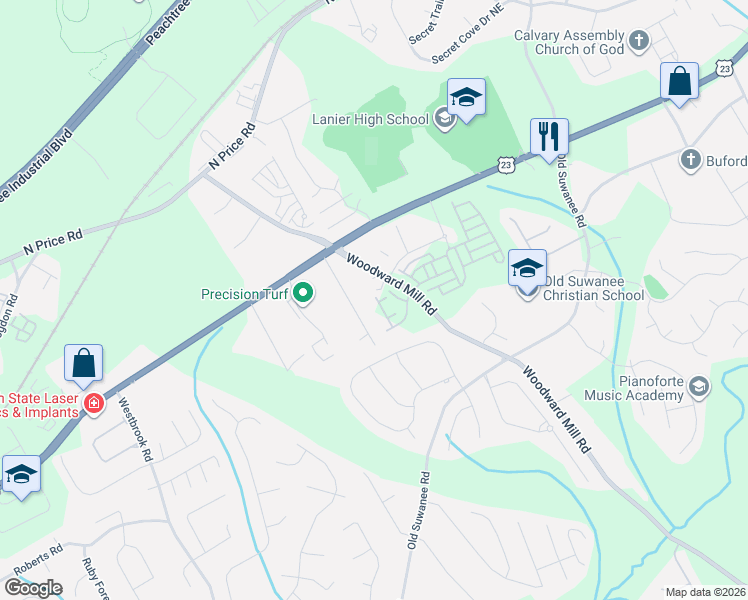 map of restaurants, bars, coffee shops, grocery stores, and more near 4298 Woodward Mill Road in Sugar Hill