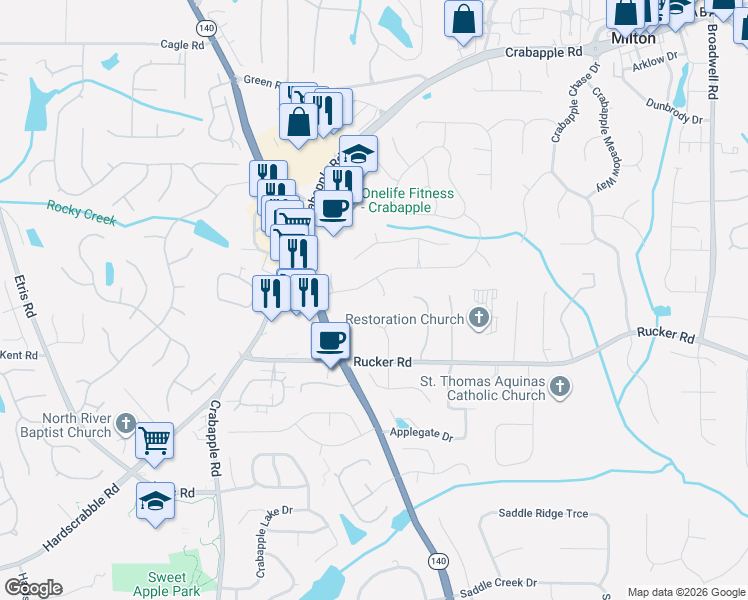 map of restaurants, bars, coffee shops, grocery stores, and more near 215 Farm Grove Trce in Alpharetta