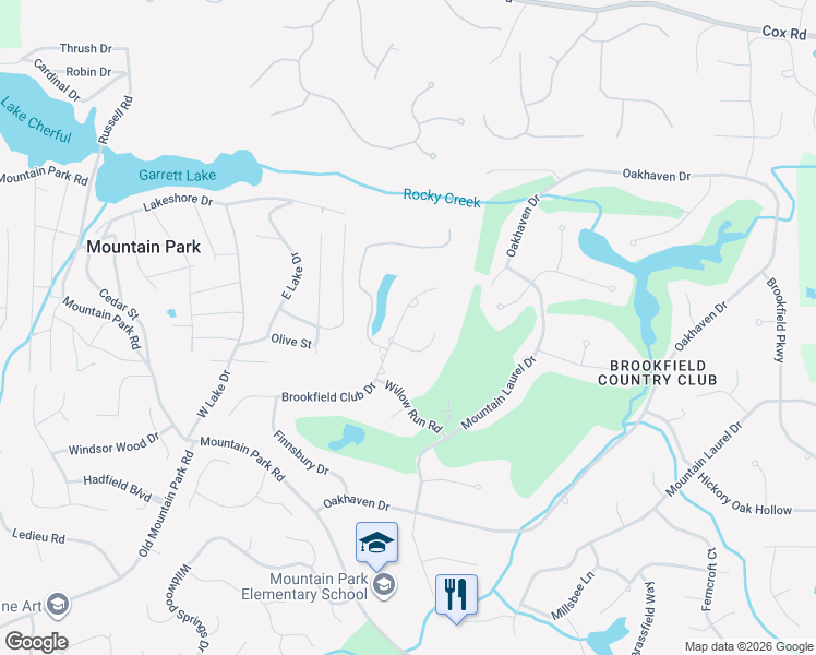map of restaurants, bars, coffee shops, grocery stores, and more near 12185 Brookfield Club Drive in Roswell