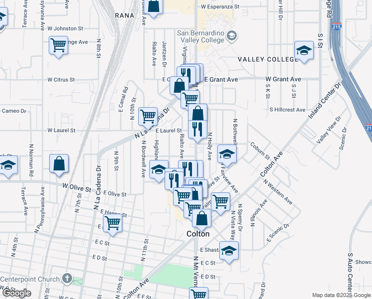 map of restaurants, bars, coffee shops, grocery stores, and more near 1310 Rialto Avenue in Colton