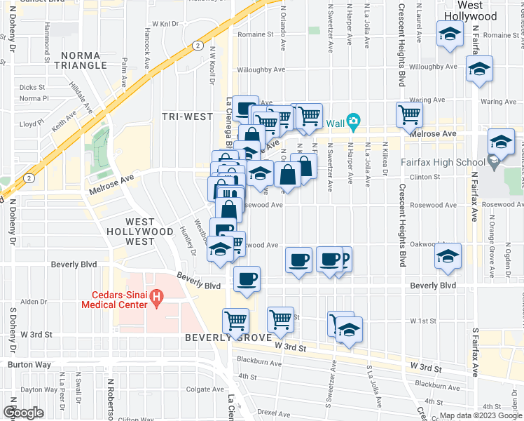 map of restaurants, bars, coffee shops, grocery stores, and more near 465 Croft Avenue in Los Angeles