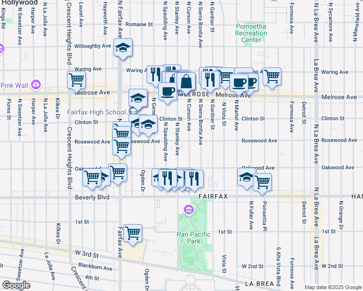 map of restaurants, bars, coffee shops, grocery stores, and more near 458 North Stanley Avenue in Los Angeles