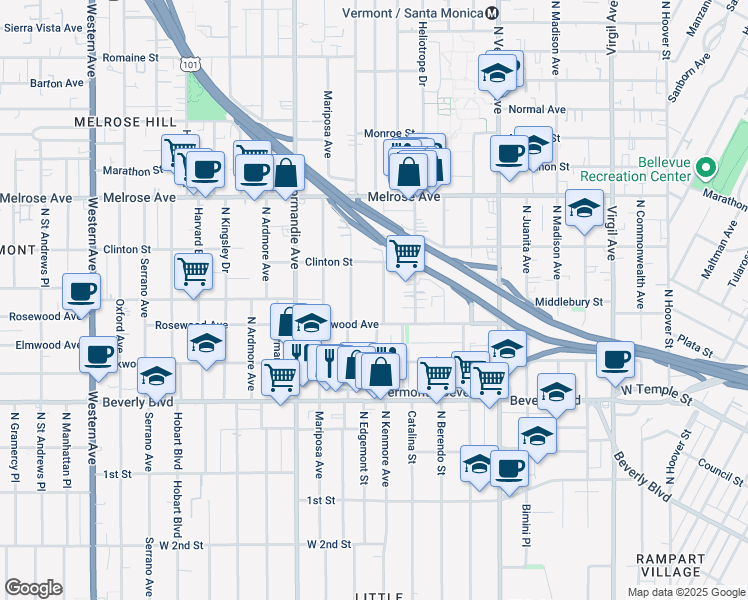 map of restaurants, bars, coffee shops, grocery stores, and more near 525 North Kenmore Avenue in Los Angeles