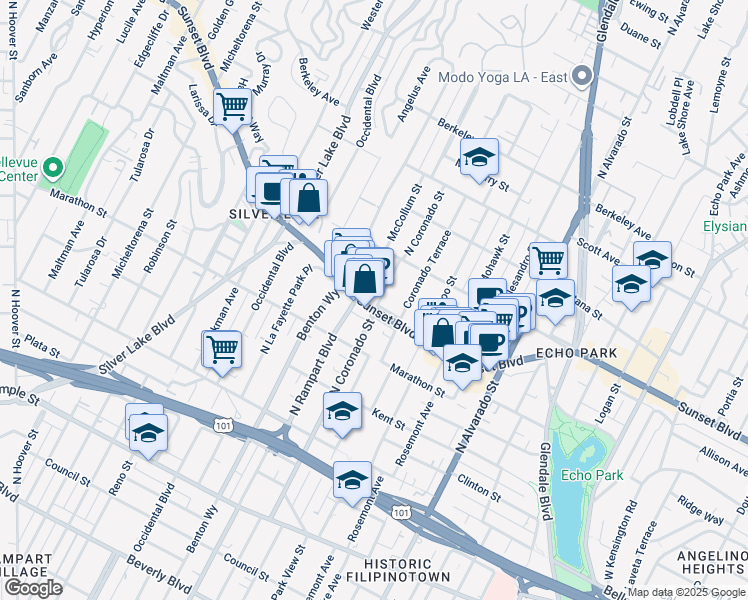 map of restaurants, bars, coffee shops, grocery stores, and more near 2501 Sunset Boulevard in Los Angeles