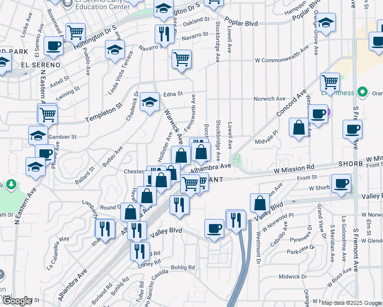 map of restaurants, bars, coffee shops, grocery stores, and more near 2943 Covina Street in Los Angeles