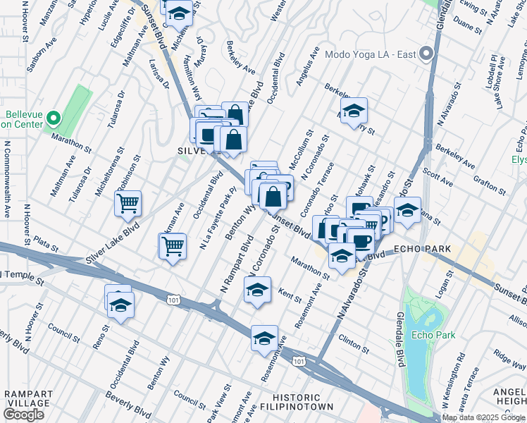 map of restaurants, bars, coffee shops, grocery stores, and more near 948 North Benton Way in Los Angeles