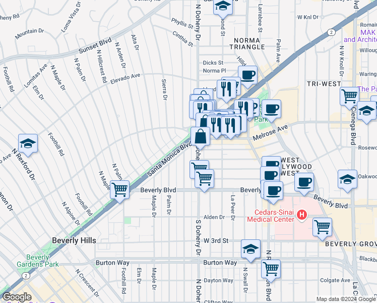 map of restaurants, bars, coffee shops, grocery stores, and more near 458 North Oakhurst Drive in Beverly Hills