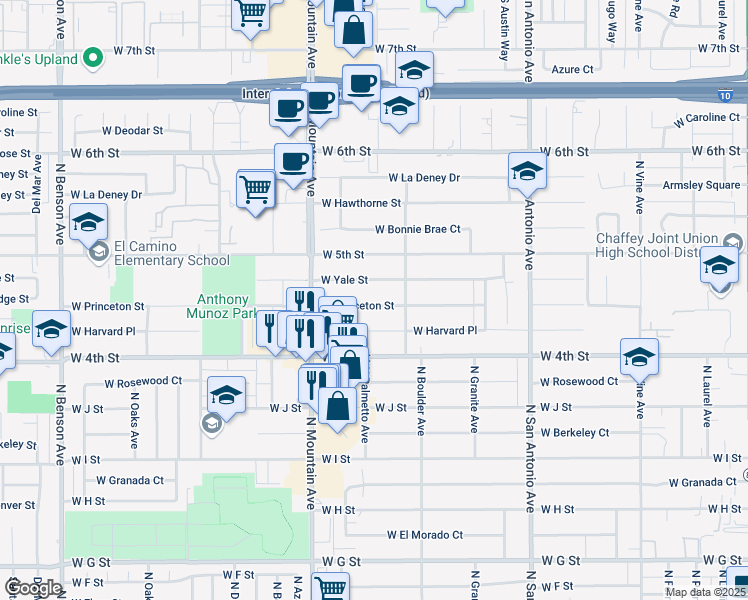 map of restaurants, bars, coffee shops, grocery stores, and more near 962 West Princeton Street in Ontario