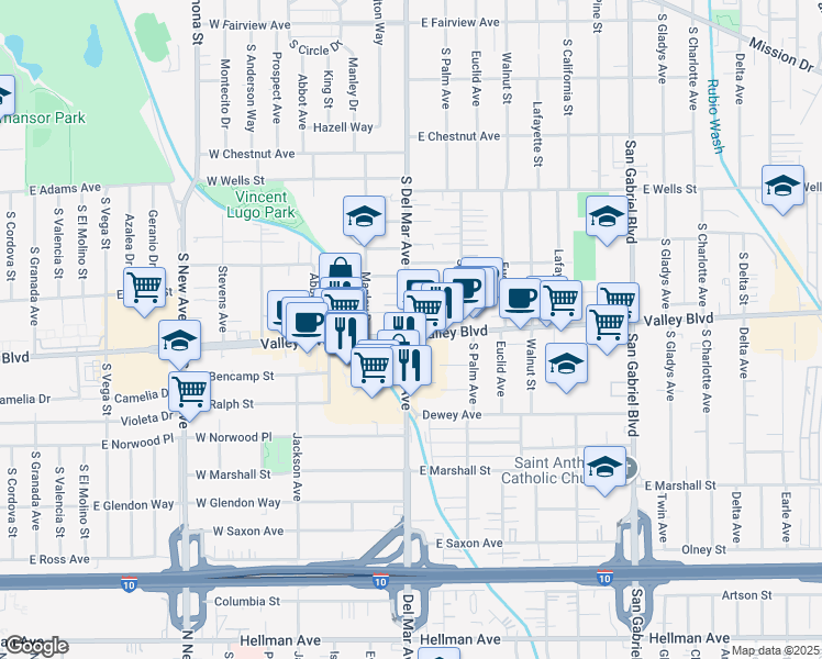 map of restaurants, bars, coffee shops, grocery stores, and more near 59 Del Mar Avenue in San Gabriel