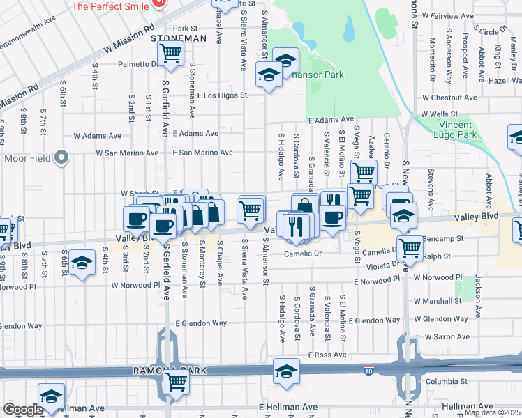 map of restaurants, bars, coffee shops, grocery stores, and more near 1221 South Almansor Street in Alhambra
